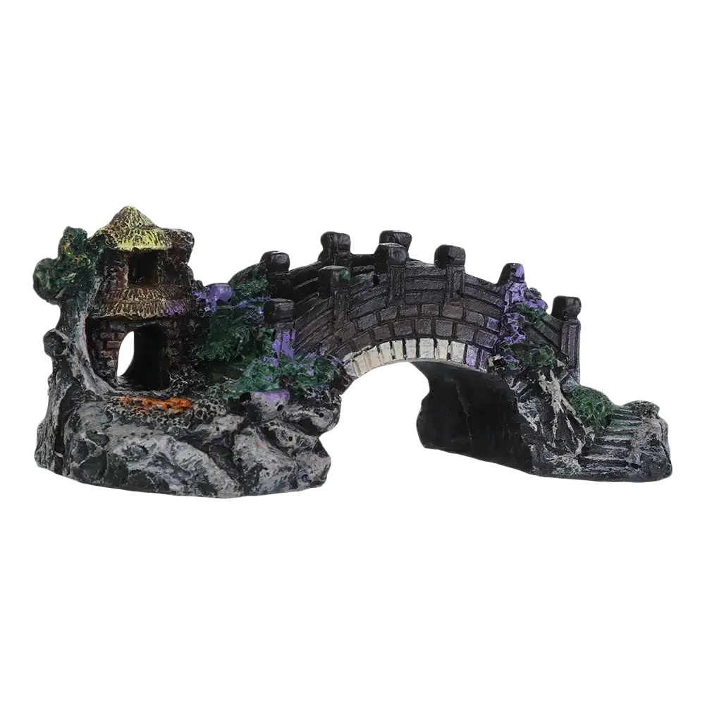 Black and gray resin fish tank landscaping bridge with a stone arch and thatched-roof hut natural environment decor