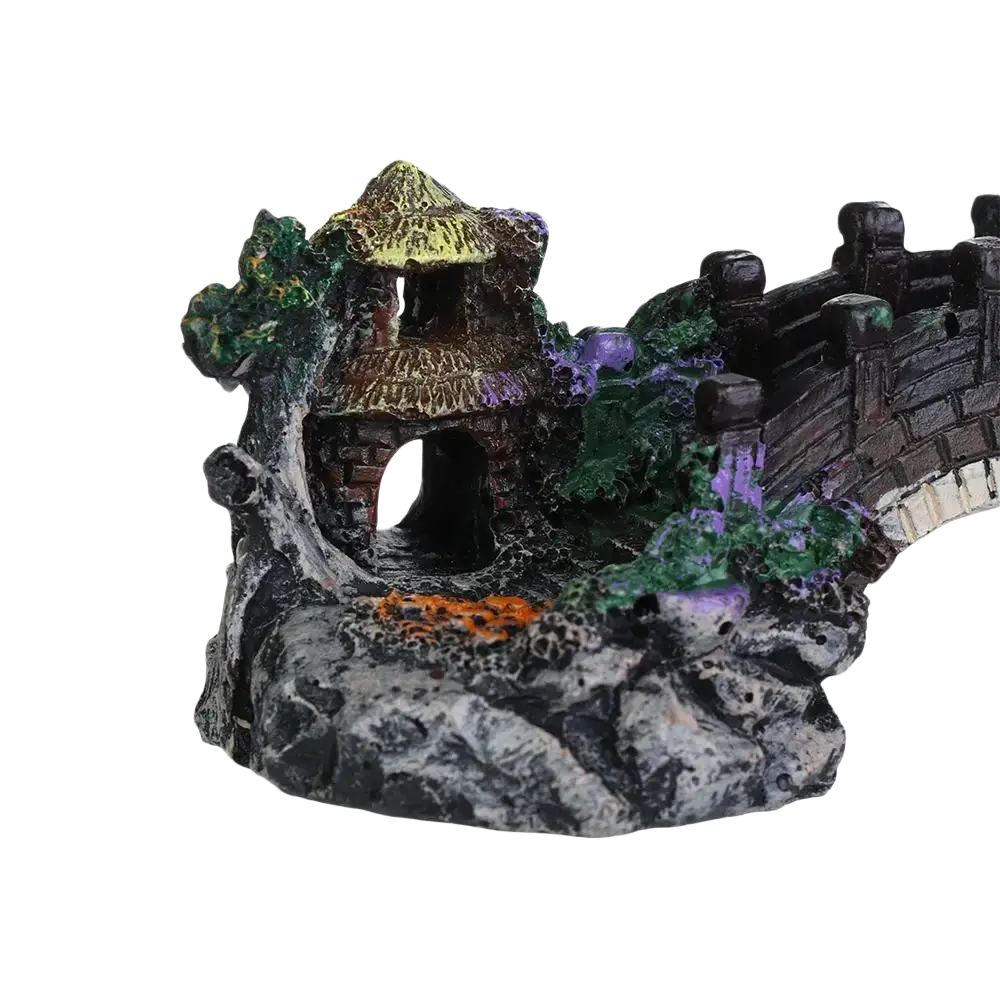 Colorful resin fish tank landscaping bridge ornament with a miniature pagoda and stone bridge for natural environment