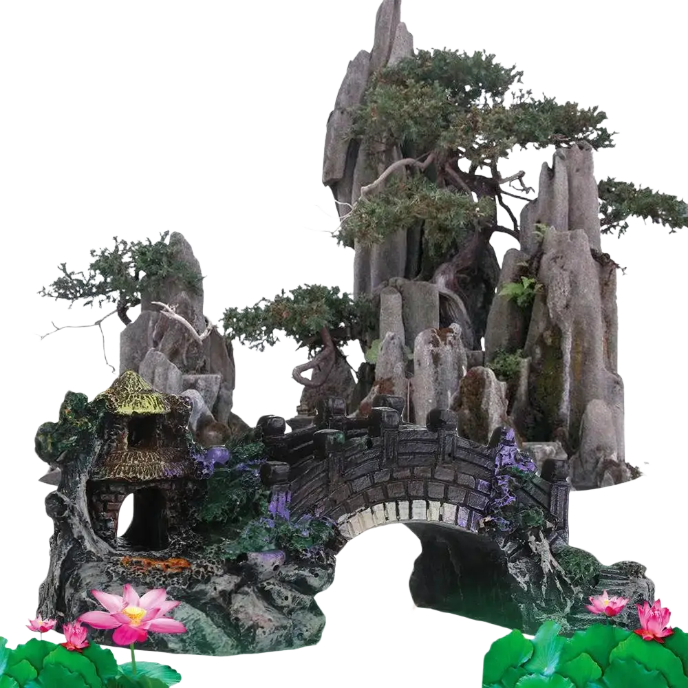 Fish tank landscaping bridge resin ornament featuring a detailed chinese garden with stone bridge and lotus flowers