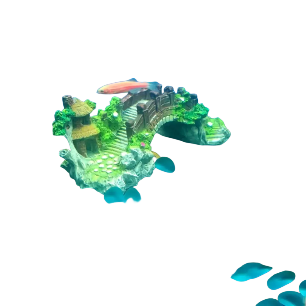 A resin fish tank landscaping bridge ornament featuring a stone archway with mossy greenery and tiny steps