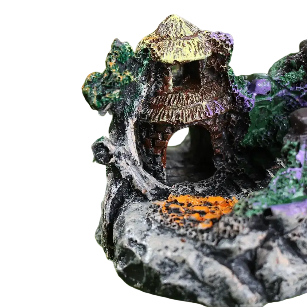 Fish tank landscaping bridge resin ornament featuring a moss-covered stone base with an ancient-style hut for natural environment