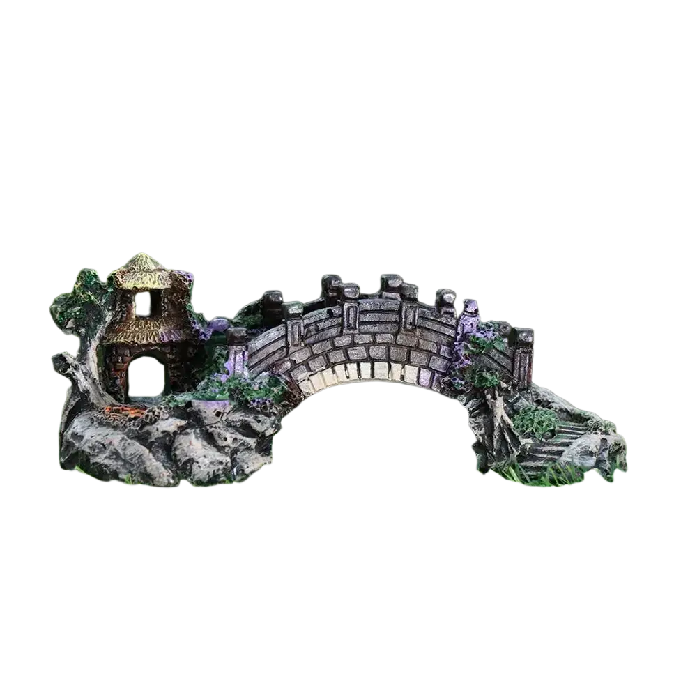 Miniature resin fish tank landscaping bridge with mossy stone arch and thatched-roof hut in weathered gray tones