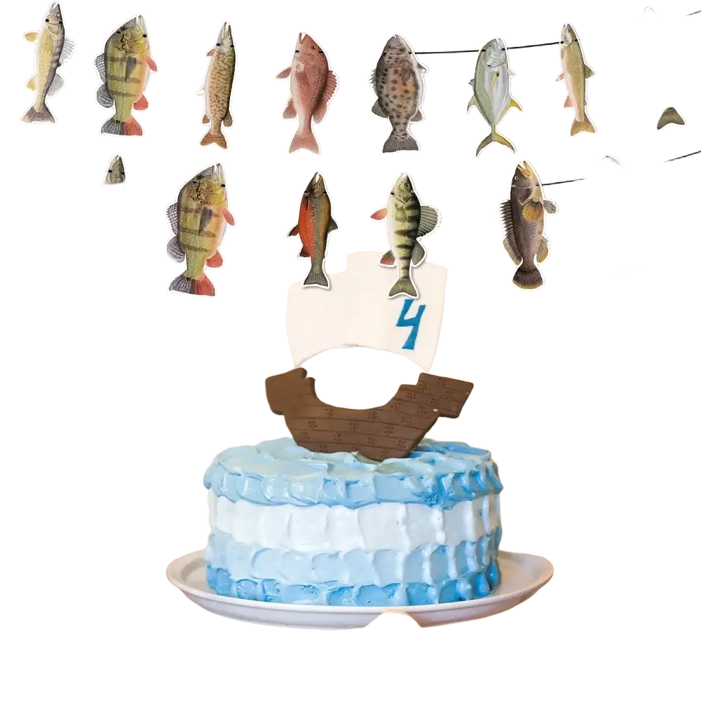 Blue and white layered cake with wooden boat decoration featuring number 4 paper sail in fishing party disposable tableware set