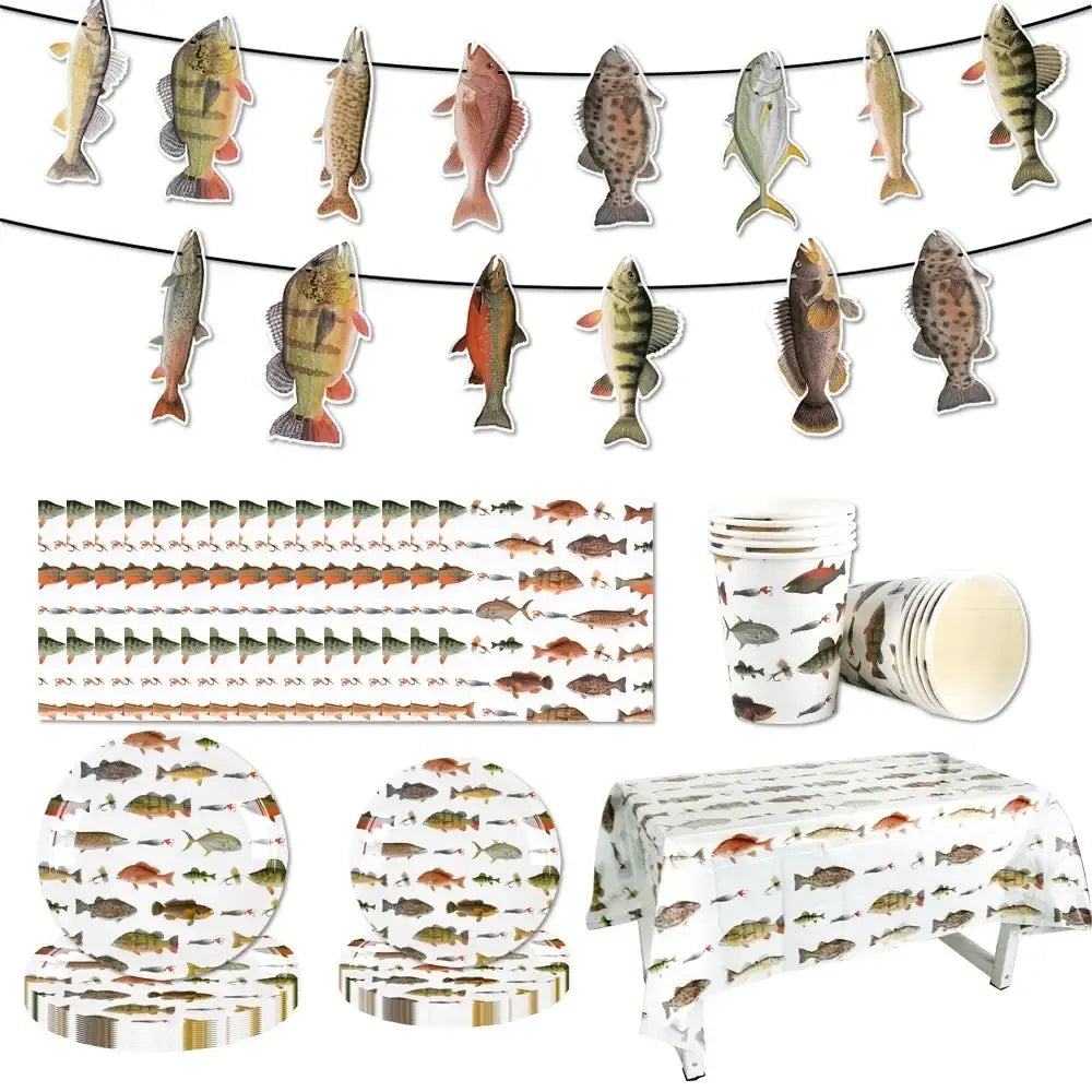 Fishing party disposable tableware set featuring colorful realistic fish illustrations on paper plates cups and tablecloth