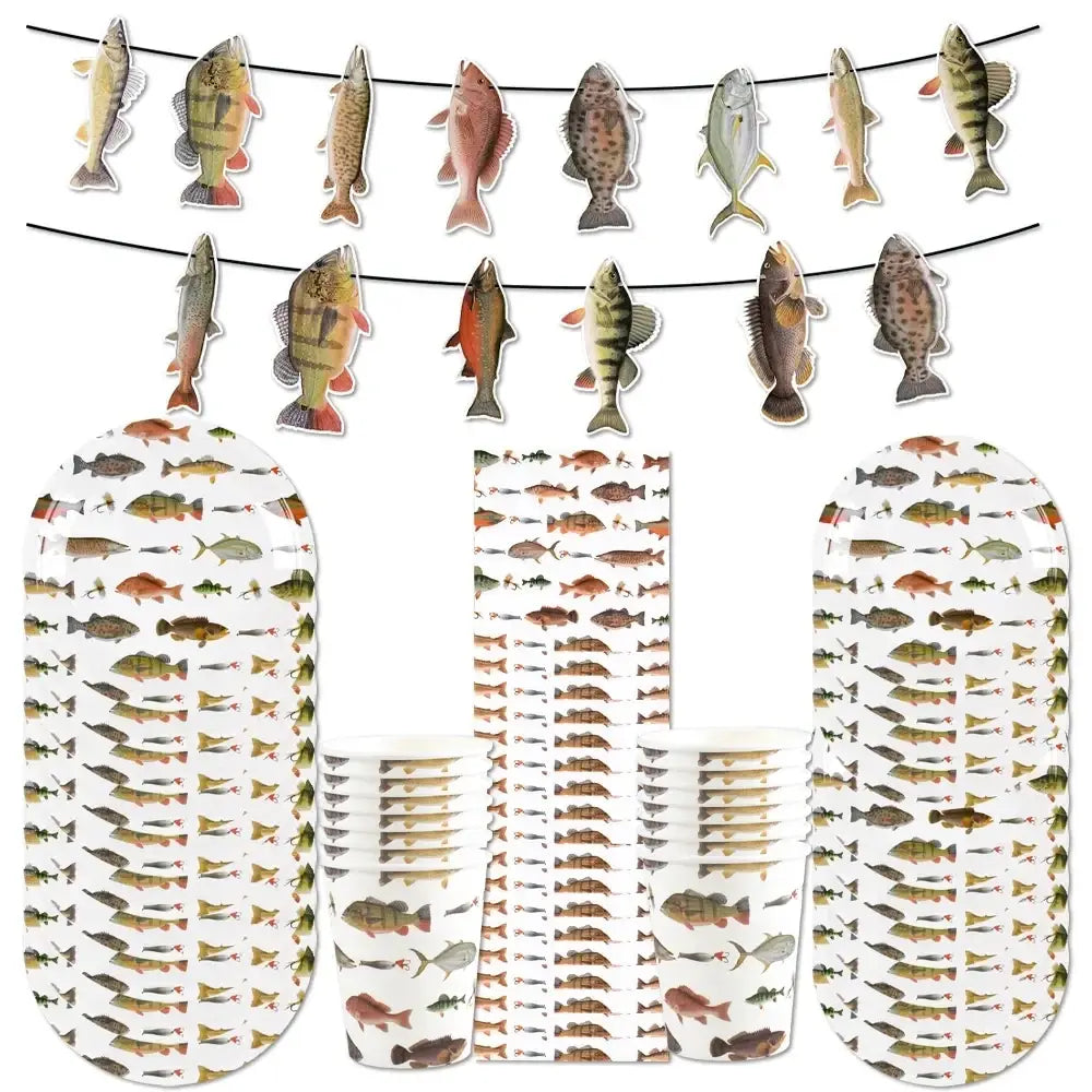 Fishing party disposable tableware set with colorful realistic fish designs on plates cups and garland for celebrations
