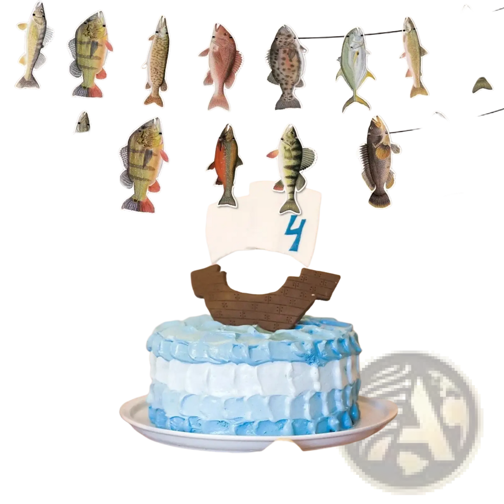Blue and white layered cake with wooden boat decoration featuring number 4 paper sail in fishing party disposable tableware set