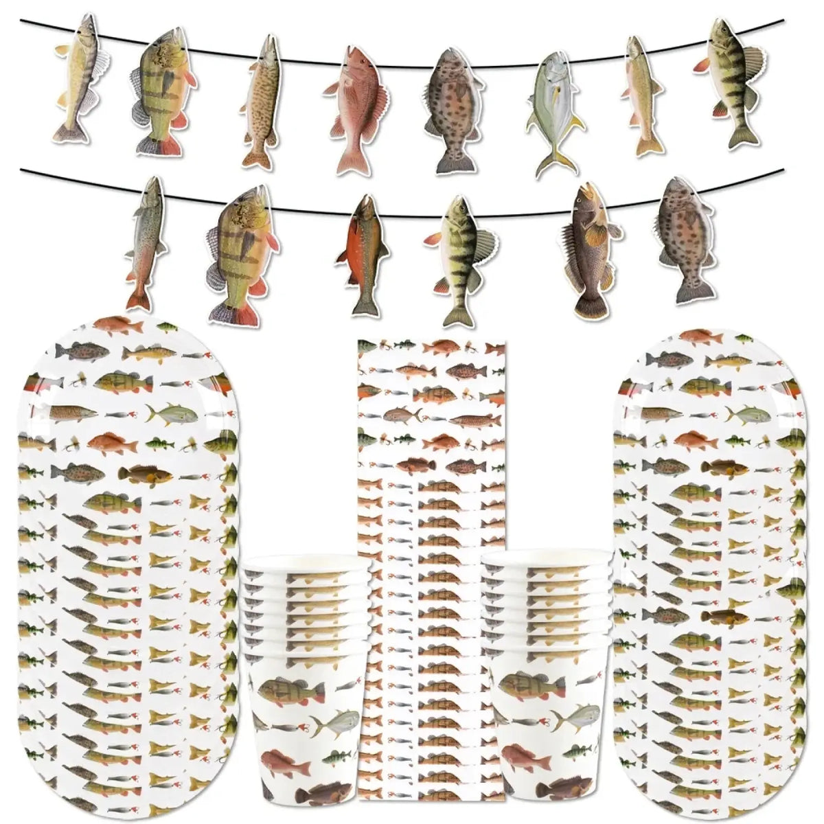 Fishing party disposable tableware set with colorful realistic fish designs on plates cups and garland for celebrations