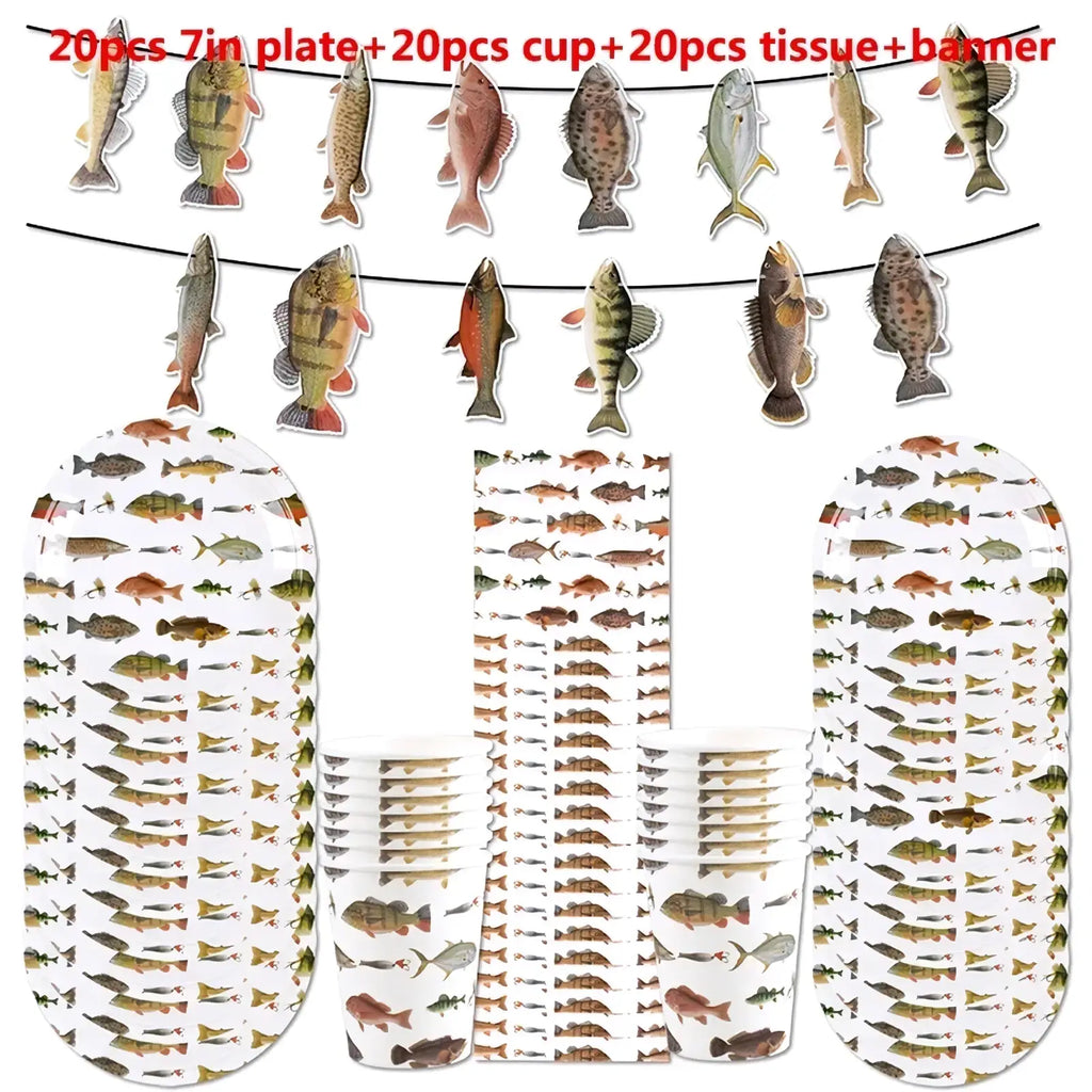 Fishing party disposable tableware set with fish-themed paper plates cups tissue papers and banner in orange green brown and yellow colors