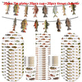 Fishing party disposable tableware set with fish-themed paper plates cups tissue papers and banner in orange green brown and yellow colors