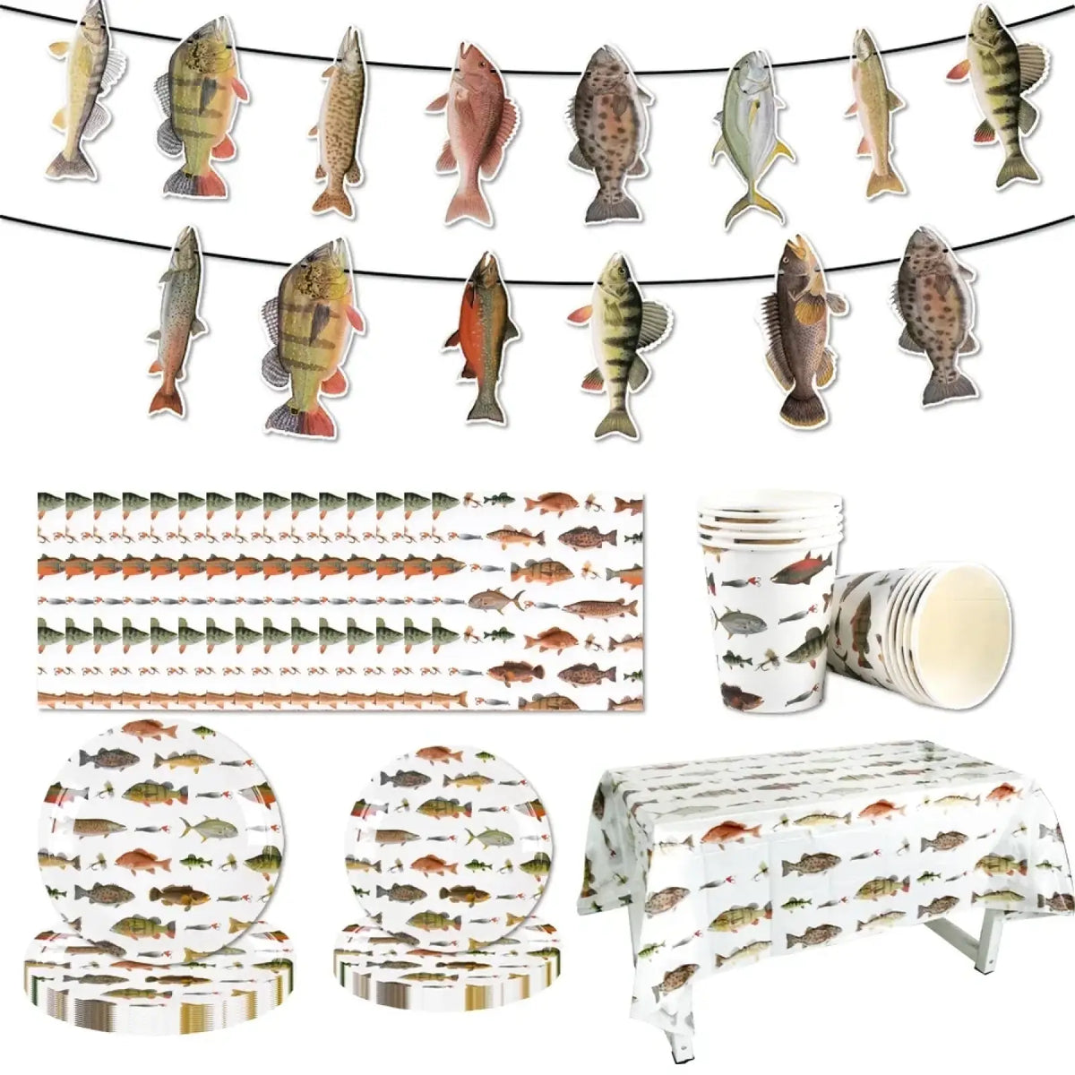 Fishing party disposable tableware set featuring colorful realistic fish illustrations on paper plates cups and tablecloth