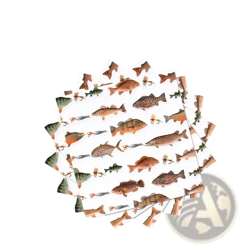 White paper fishing party disposable coasters with detailed fish and lure illustrations in brown green and orange tones