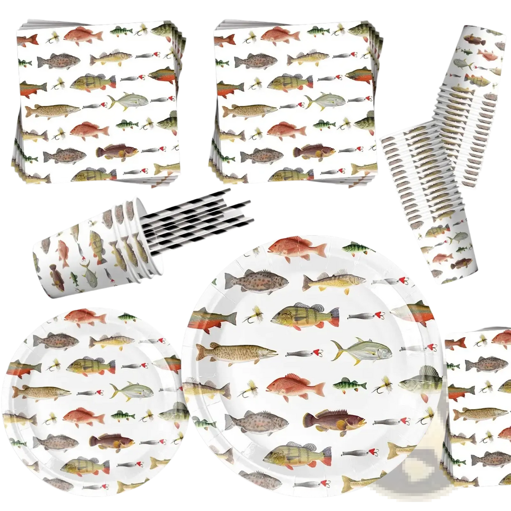 White paper plates with colorful watercolor fish and fishing lures in a fishing party disposable tableware set