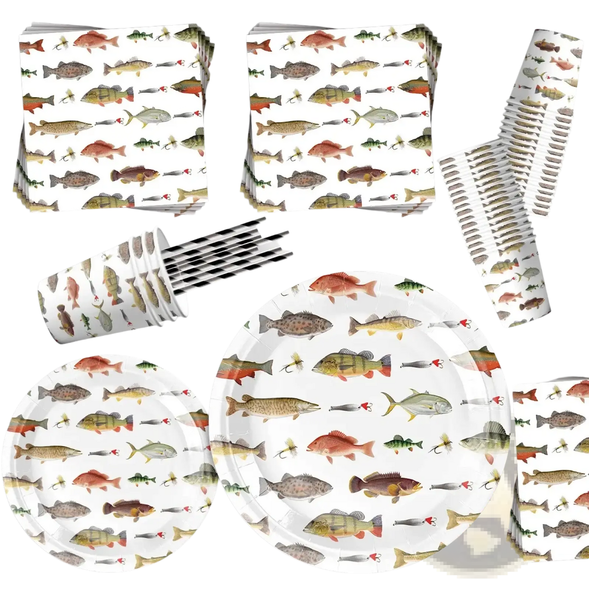 White paper plates with colorful watercolor fish and fishing lures in a fishing party disposable tableware set
