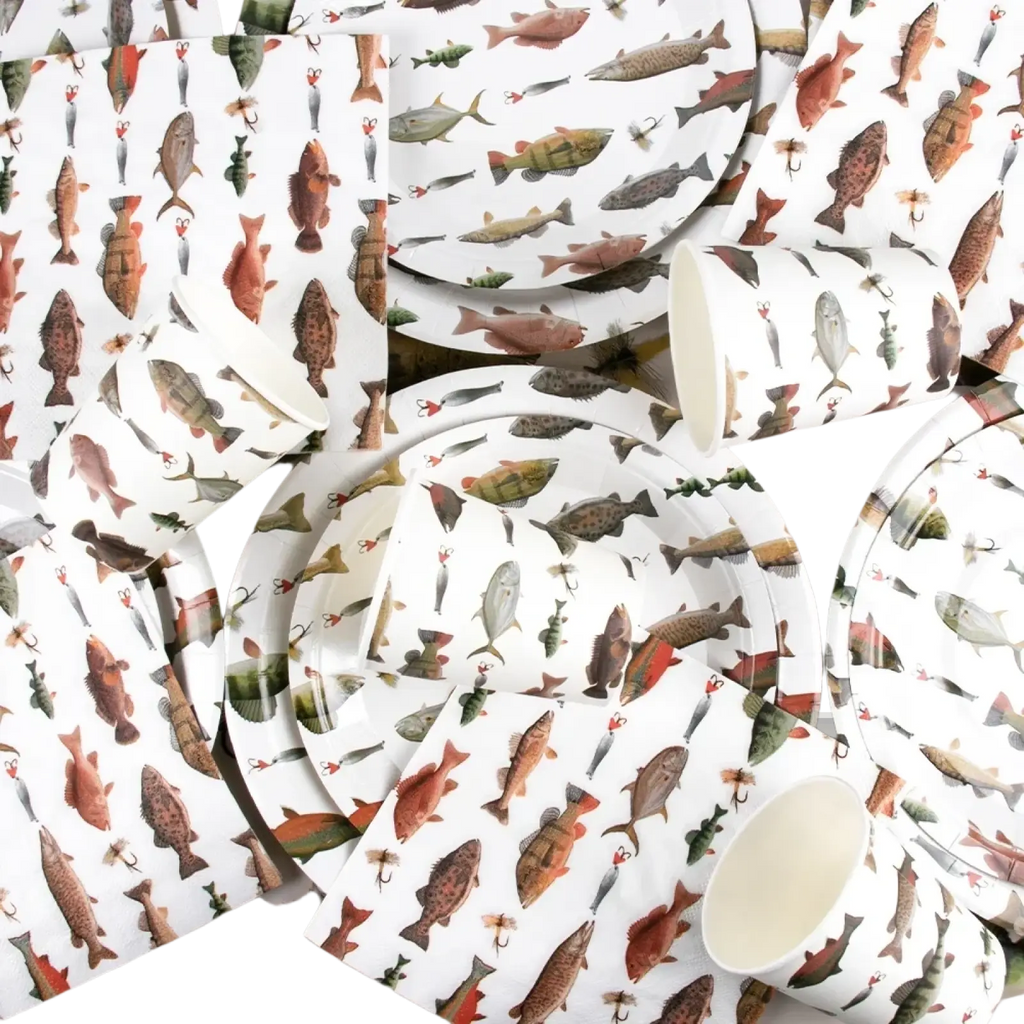 White paper plates and cups with detailed colorful fish illustrations in natural tones fishing party disposable set