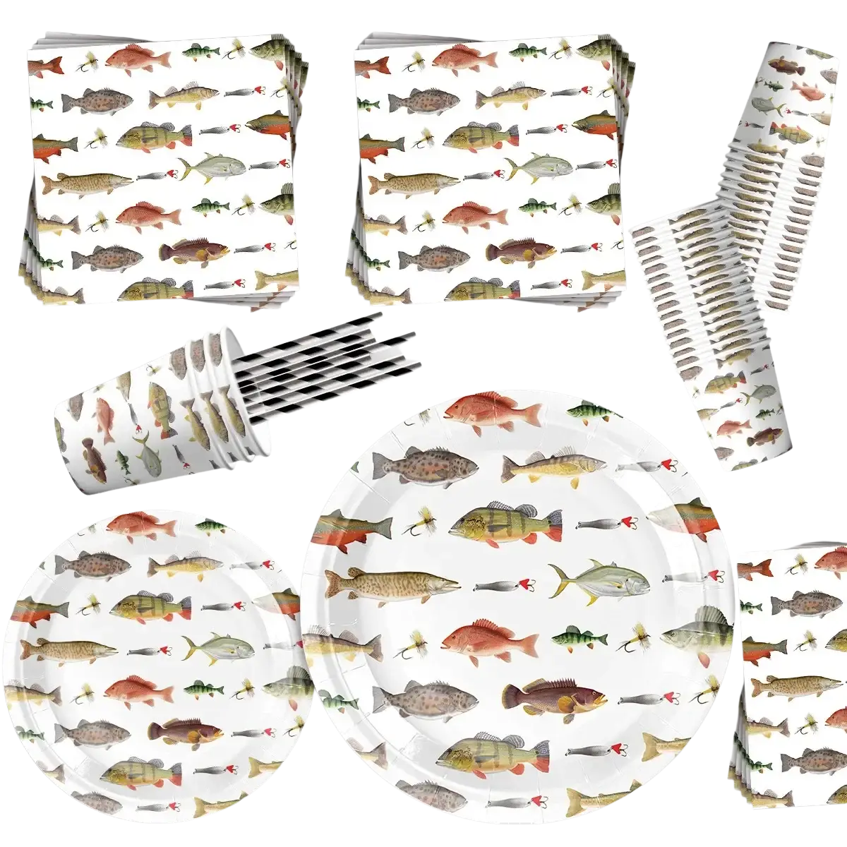 White paper plates with colorful watercolor fish and fishing lures in a fishing party disposable tableware set