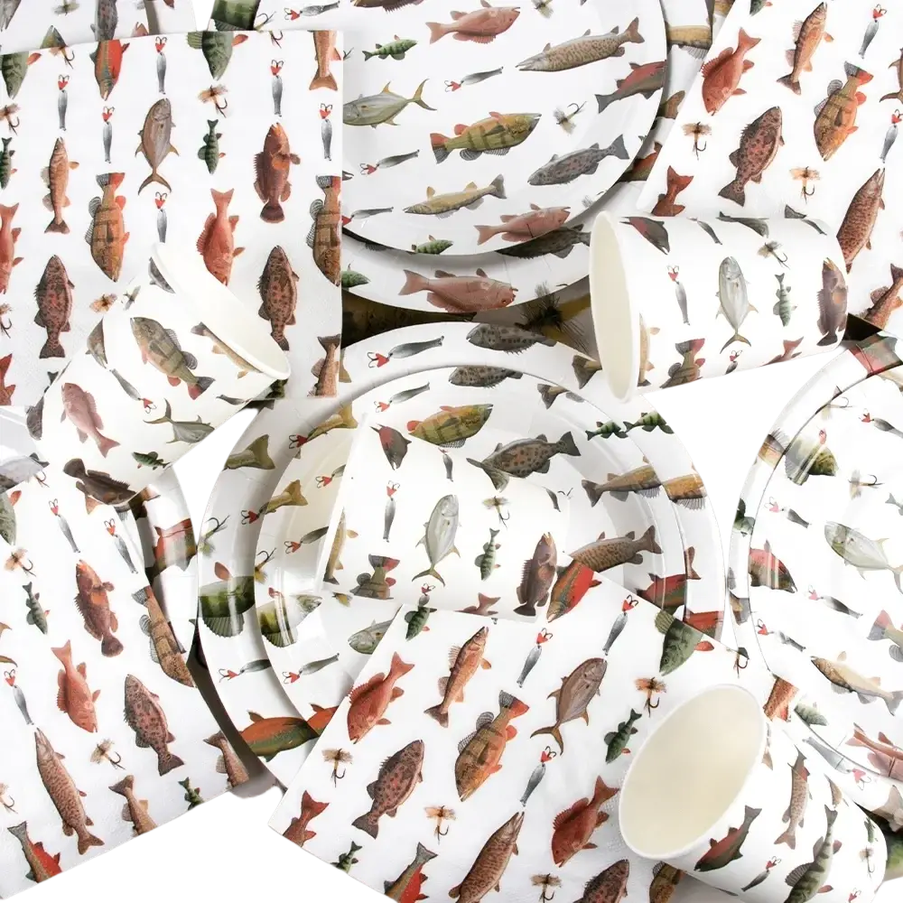 White paper plates and cups with detailed colorful fish illustrations in natural tones fishing party disposable set