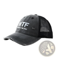 Black distressed fishing trucker hat with white wtf where’s the fish text and breathable mesh back panel