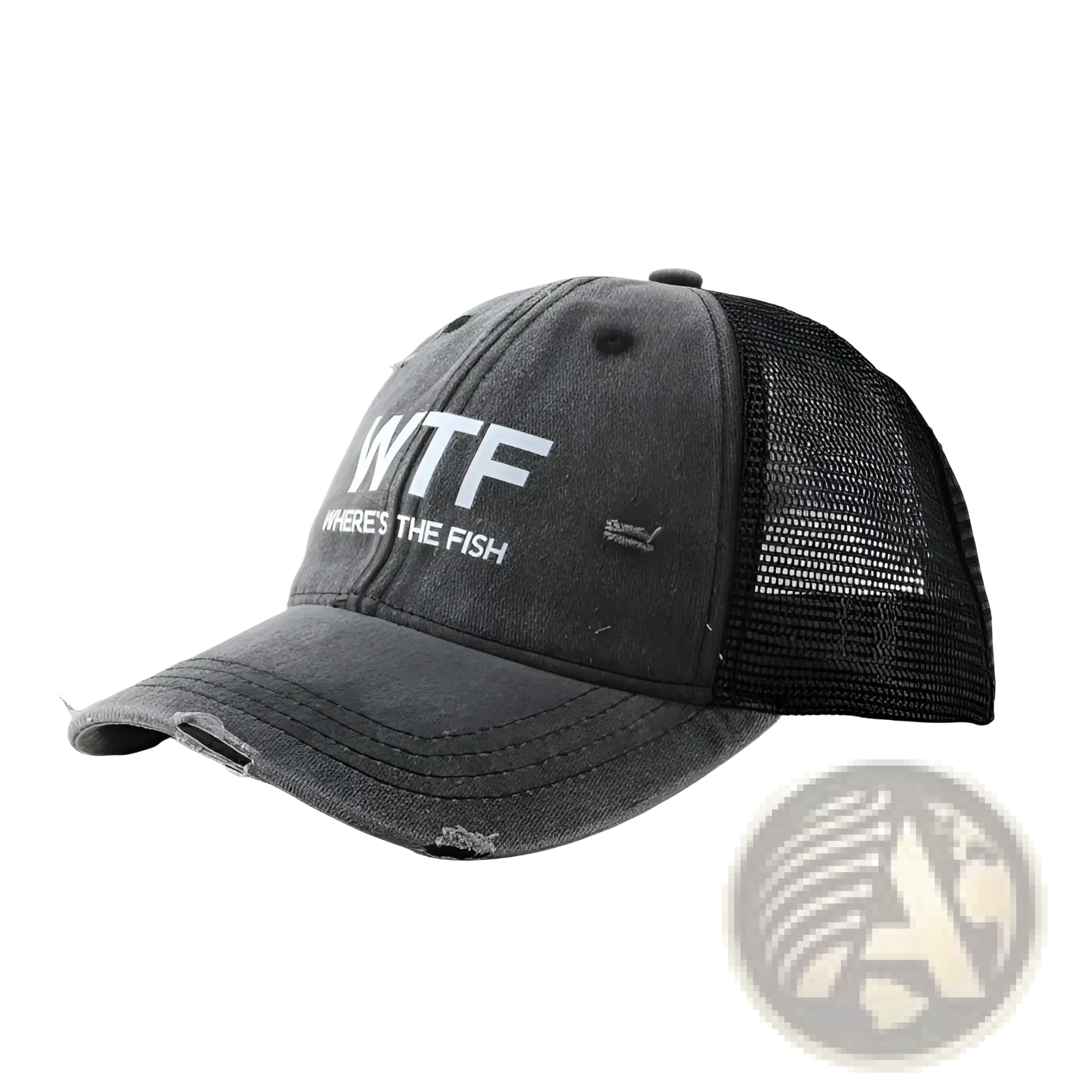 Black distressed fishing trucker hat with white wtf where’s the fish text and breathable mesh back panel