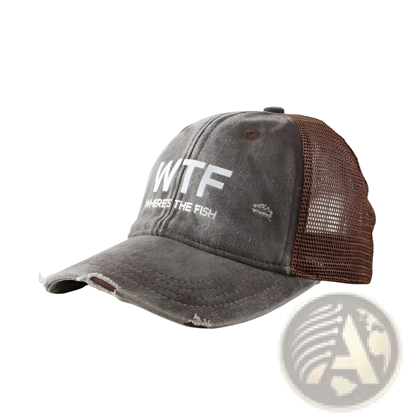 A distressed gray and brown fishing trucker hat with embroidered wtf wheres the fish text on front mesh cap