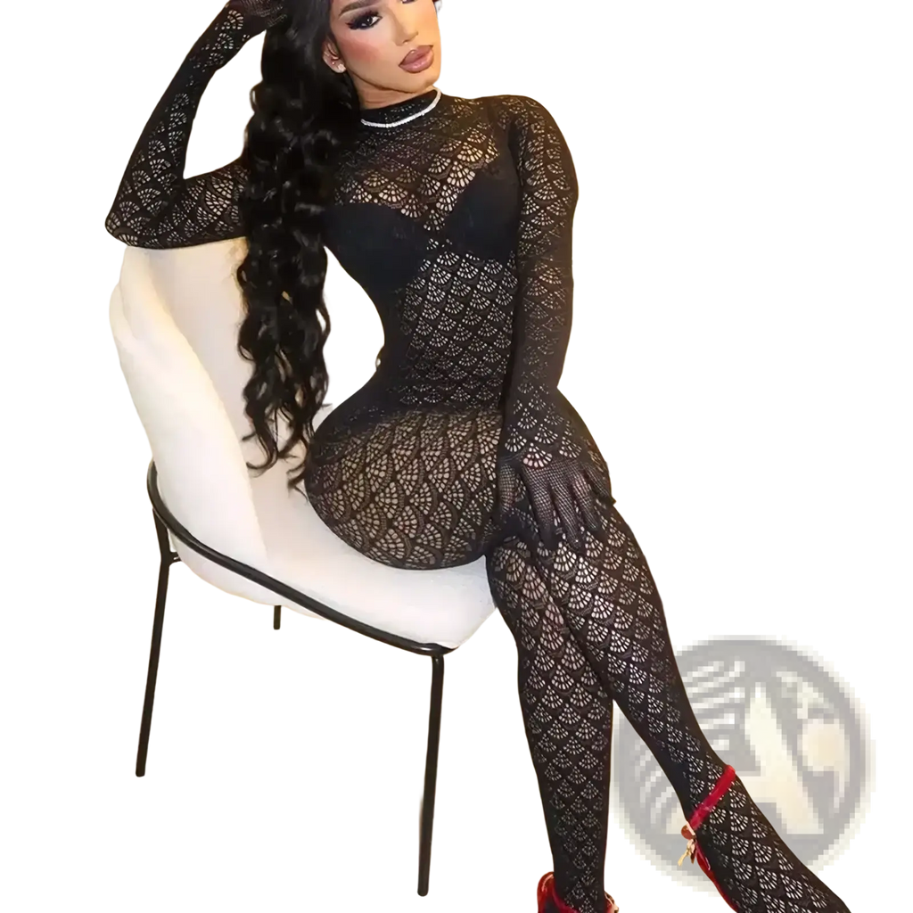Black lace fishnet see through long romper with high neckline and long sleeves in an intricate pattern