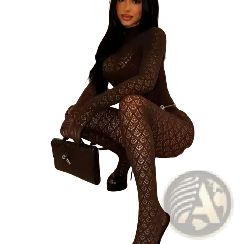 Black leather clutch with keyhole detail paired with fishnet see through long romper for stylish evening wear