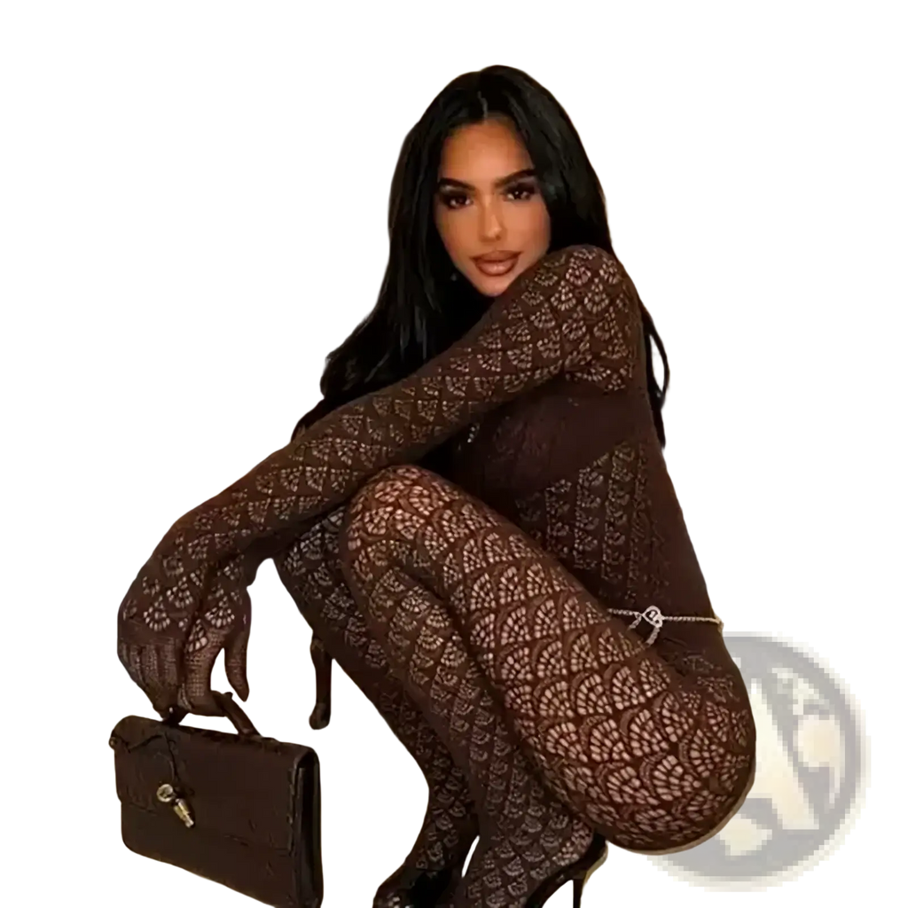Brown lace fishnet see through long romper featuring an intricate geometric pattern and sheer mesh overlay