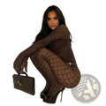 Dark brown textured handbag with gold-tone clasp and handle shown with fishnet see through long romper