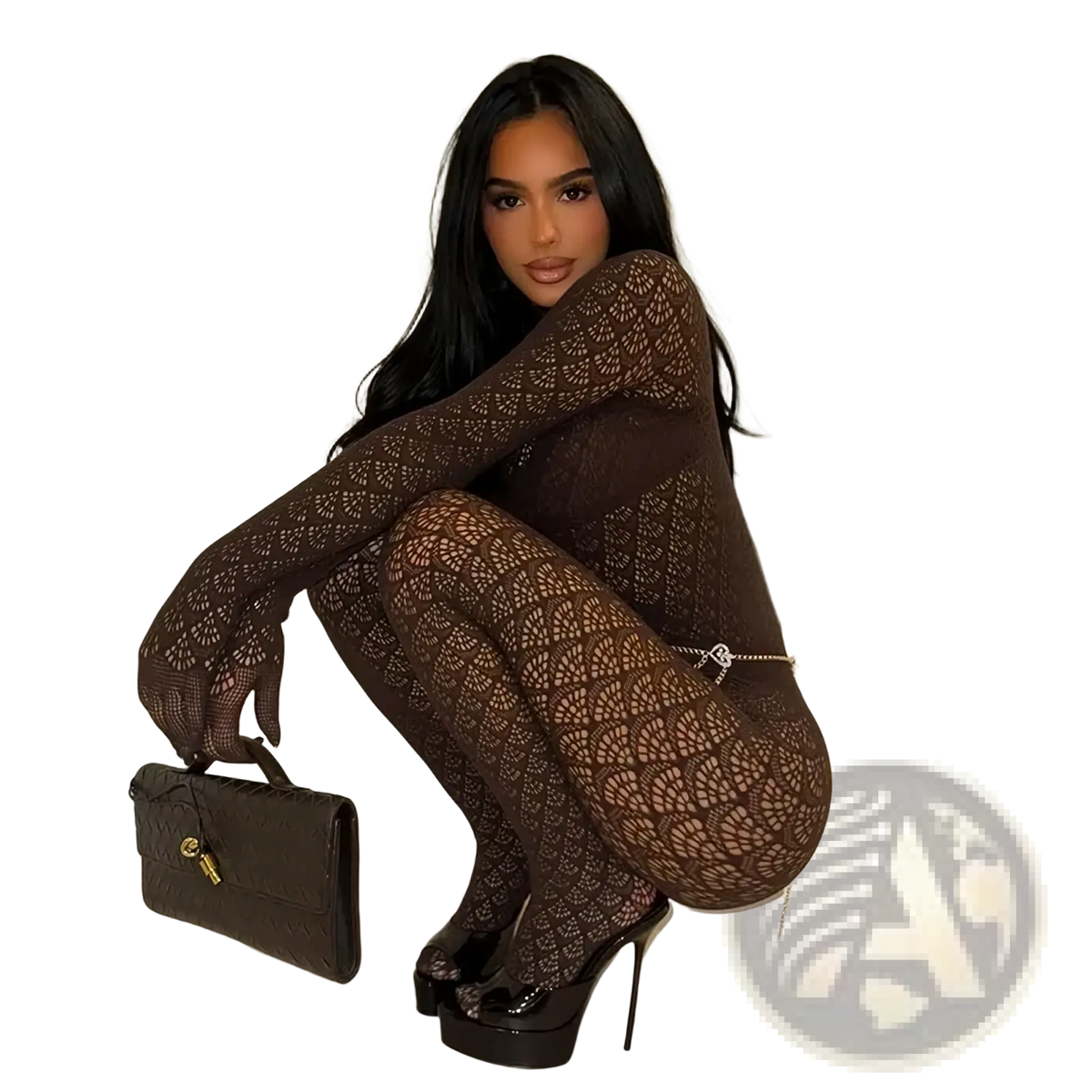 Dark brown textured handbag with gold-tone clasp and handle shown with fishnet see through long romper