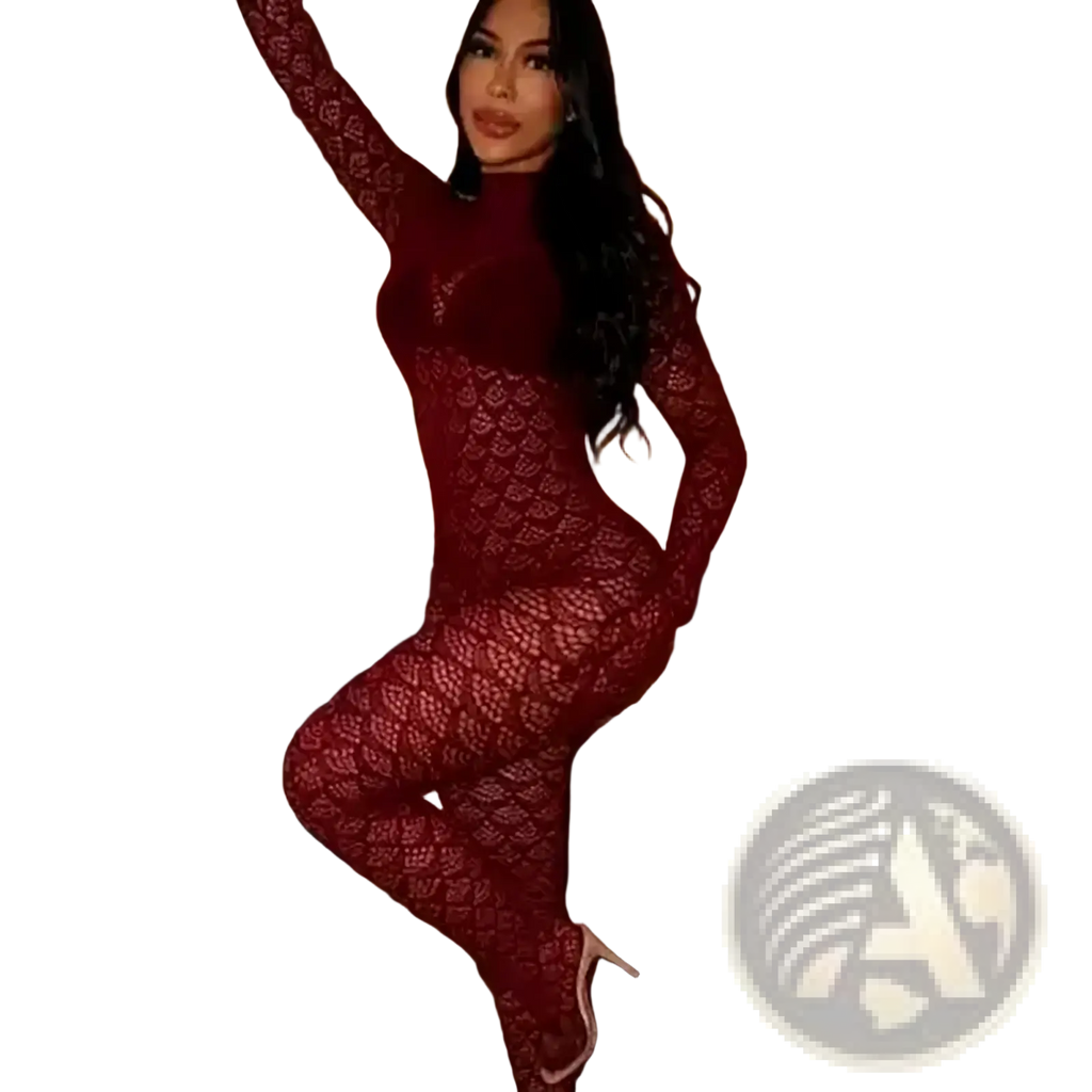 Fishnet see through long romper in deep red lace with a high neckline and long sleeves form fitting design