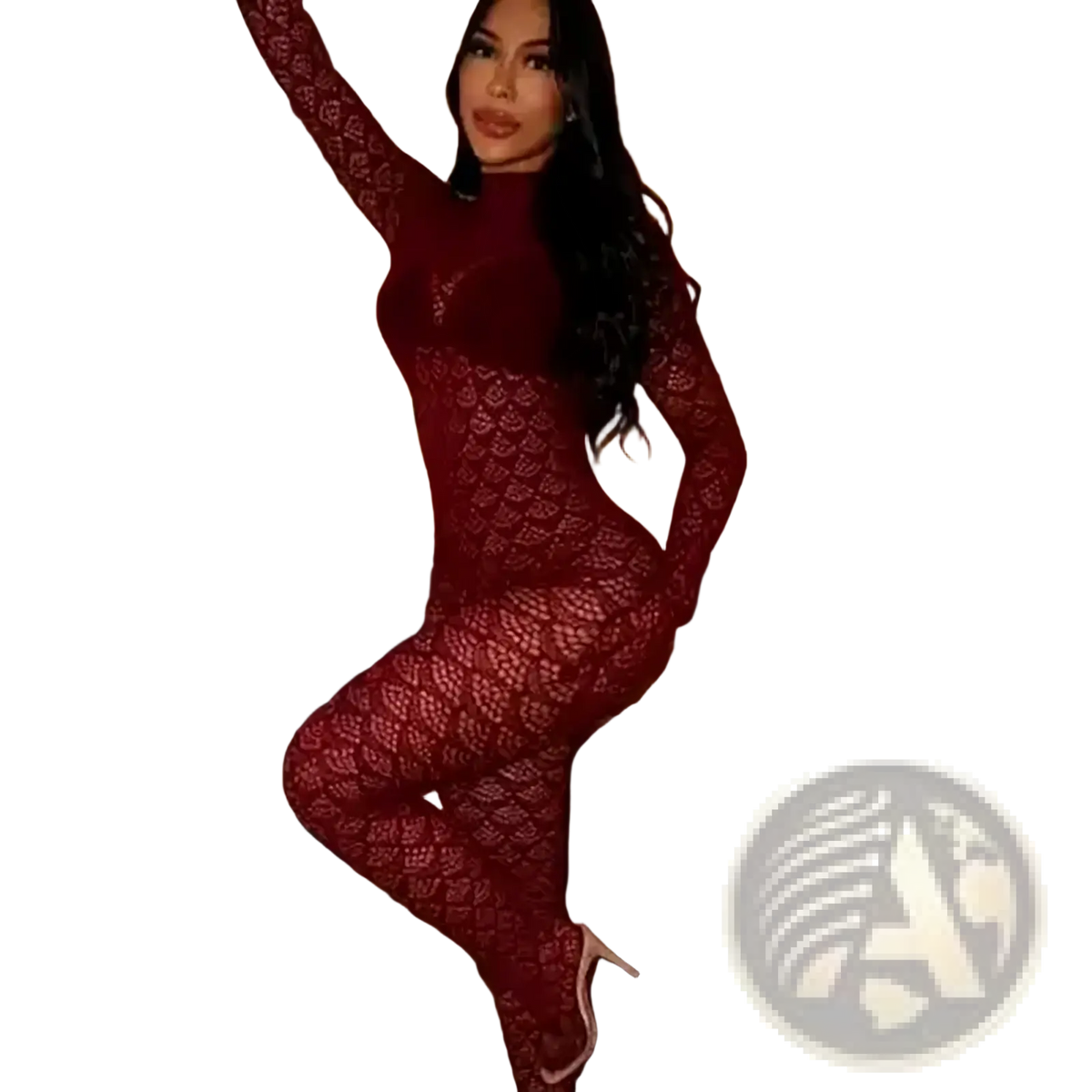 Fishnet see through long romper in deep red lace with a high neckline and long sleeves form fitting design