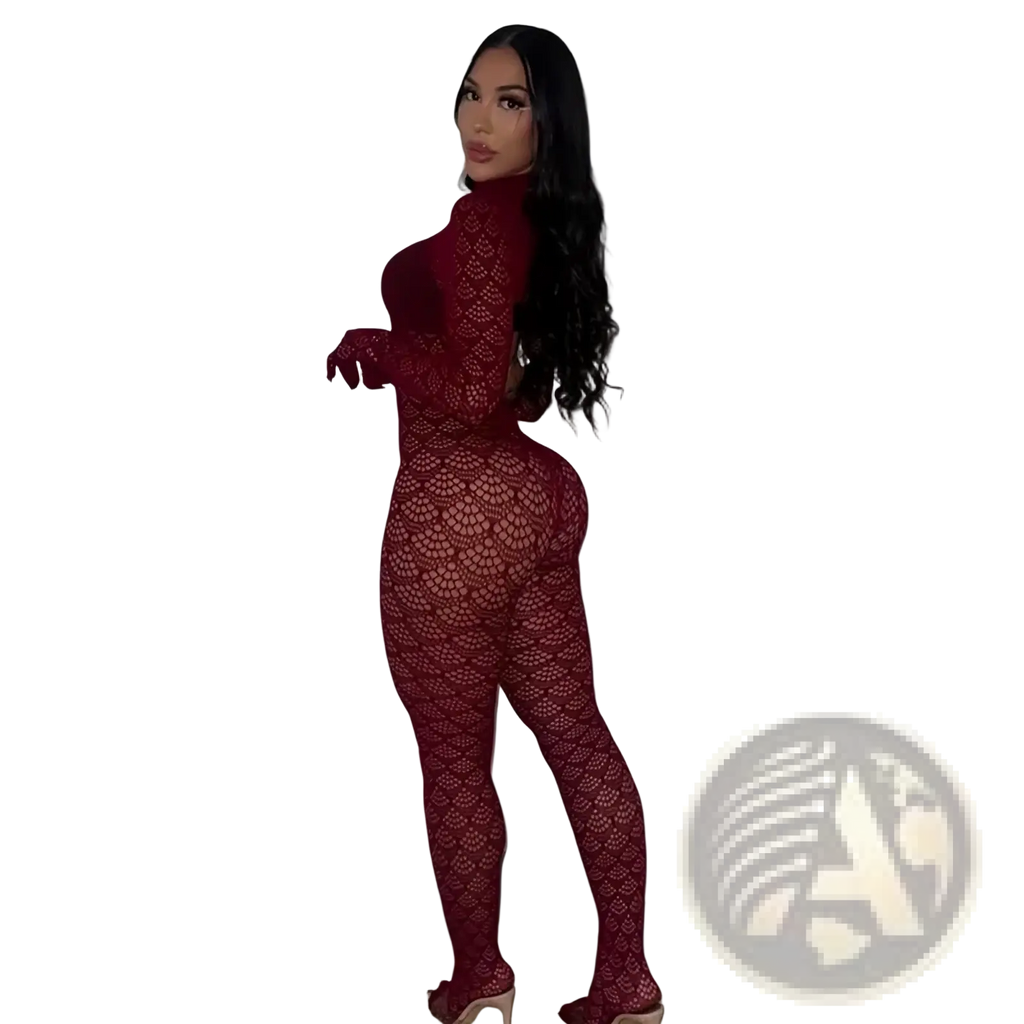 A deep red lace fishnet see through long romper with a high neckline, long sleeves, and a form-fitting design