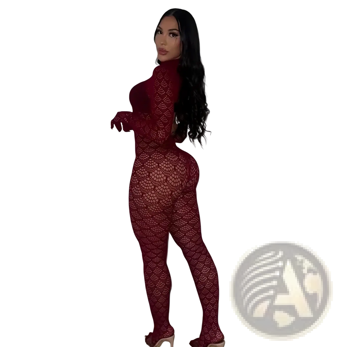 A deep red lace fishnet see through long romper with a high neckline, long sleeves, and a form-fitting design