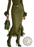 Olive green satin fishtail midi skirt with high waisted lace trim paired with matching boots and handbag