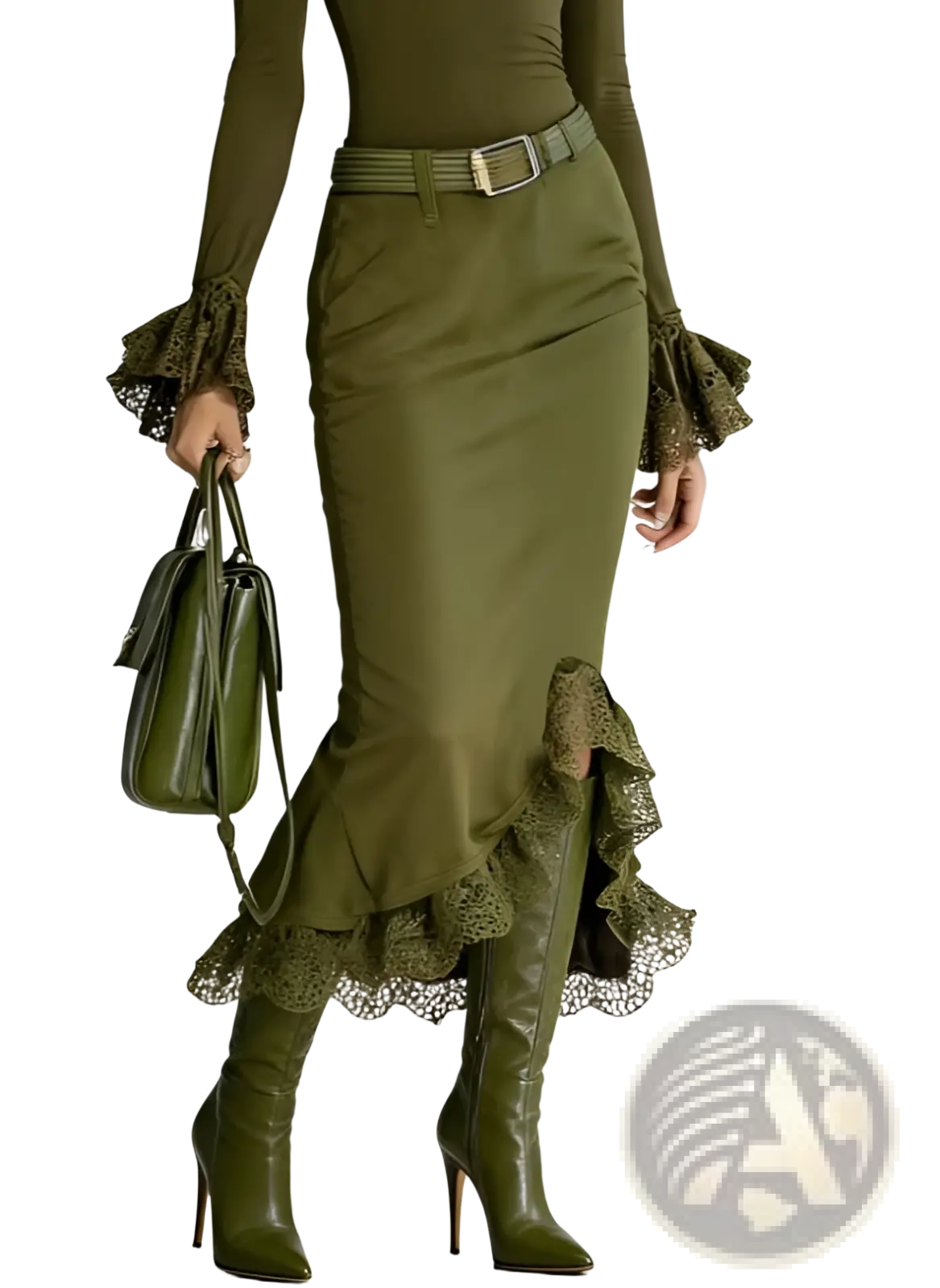 Olive green satin fishtail midi skirt with high waisted lace trim paired with matching boots and handbag