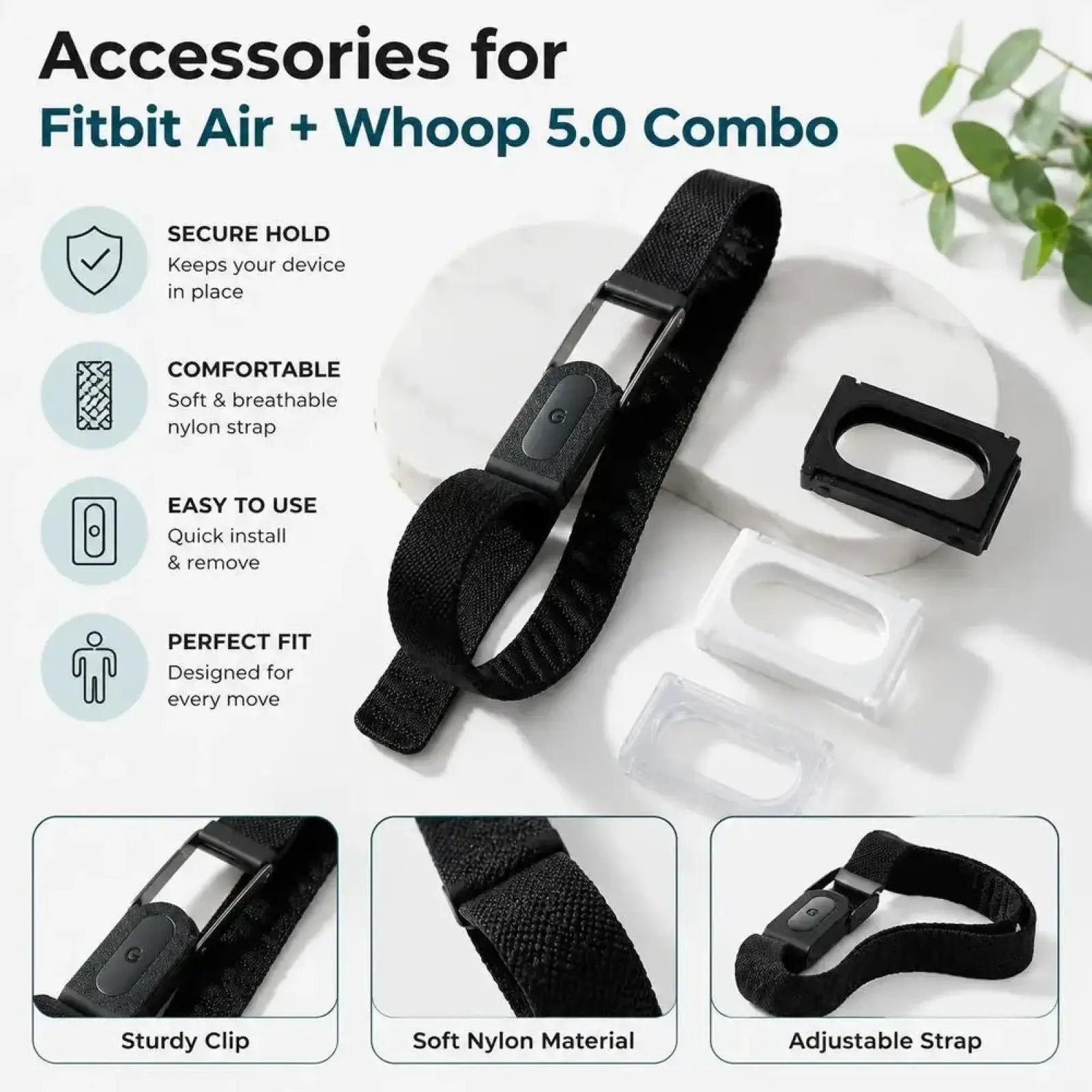 Black adjustable nylon strap with sturdy black clip for fitbit air and whoop 5.0 dual tracker mount