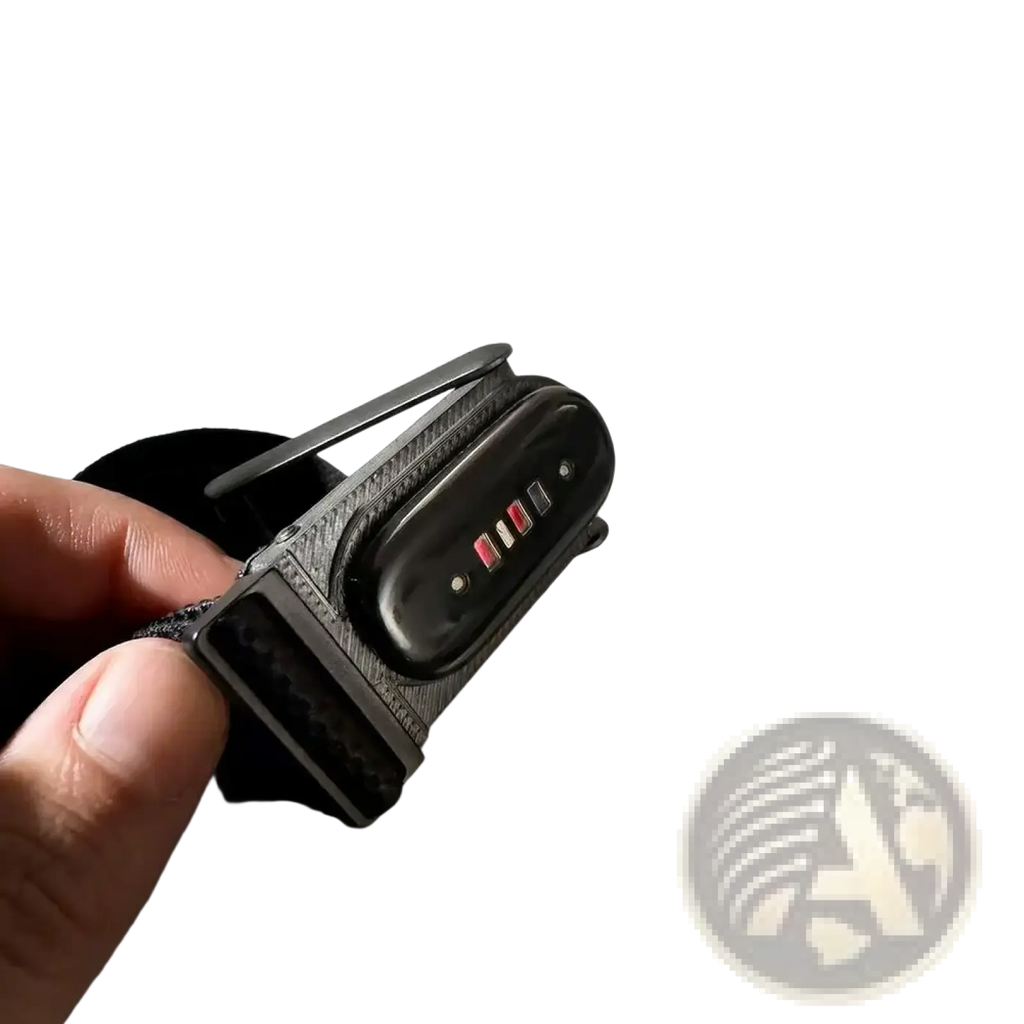 Black Fitbit Air and Whoop 5.0 dual tracker mount with textured strap and illuminated red white and black indicator lights