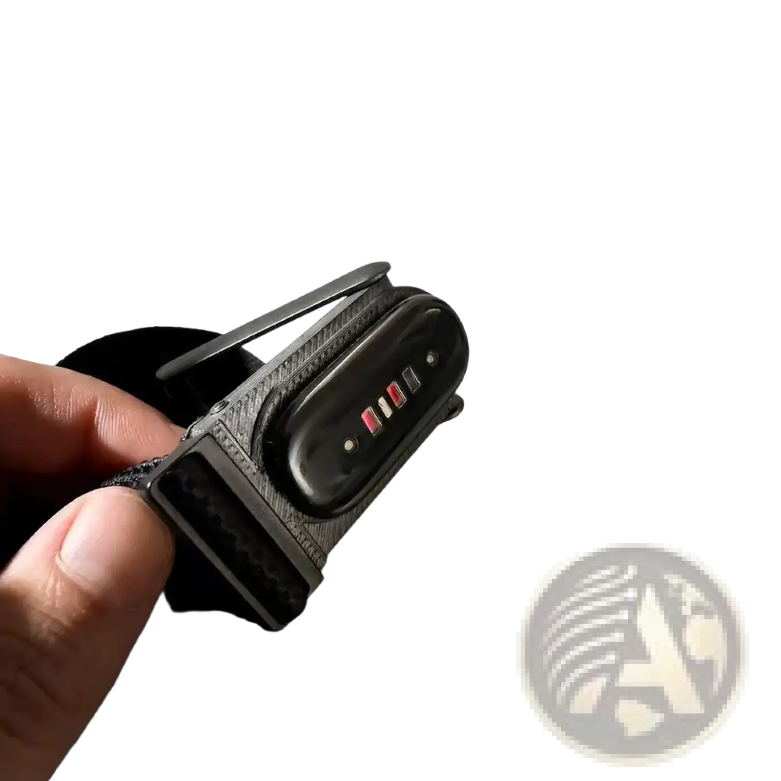 Black Fitbit Air and Whoop 5.0 dual tracker mount with textured strap and illuminated red white and black indicator lights