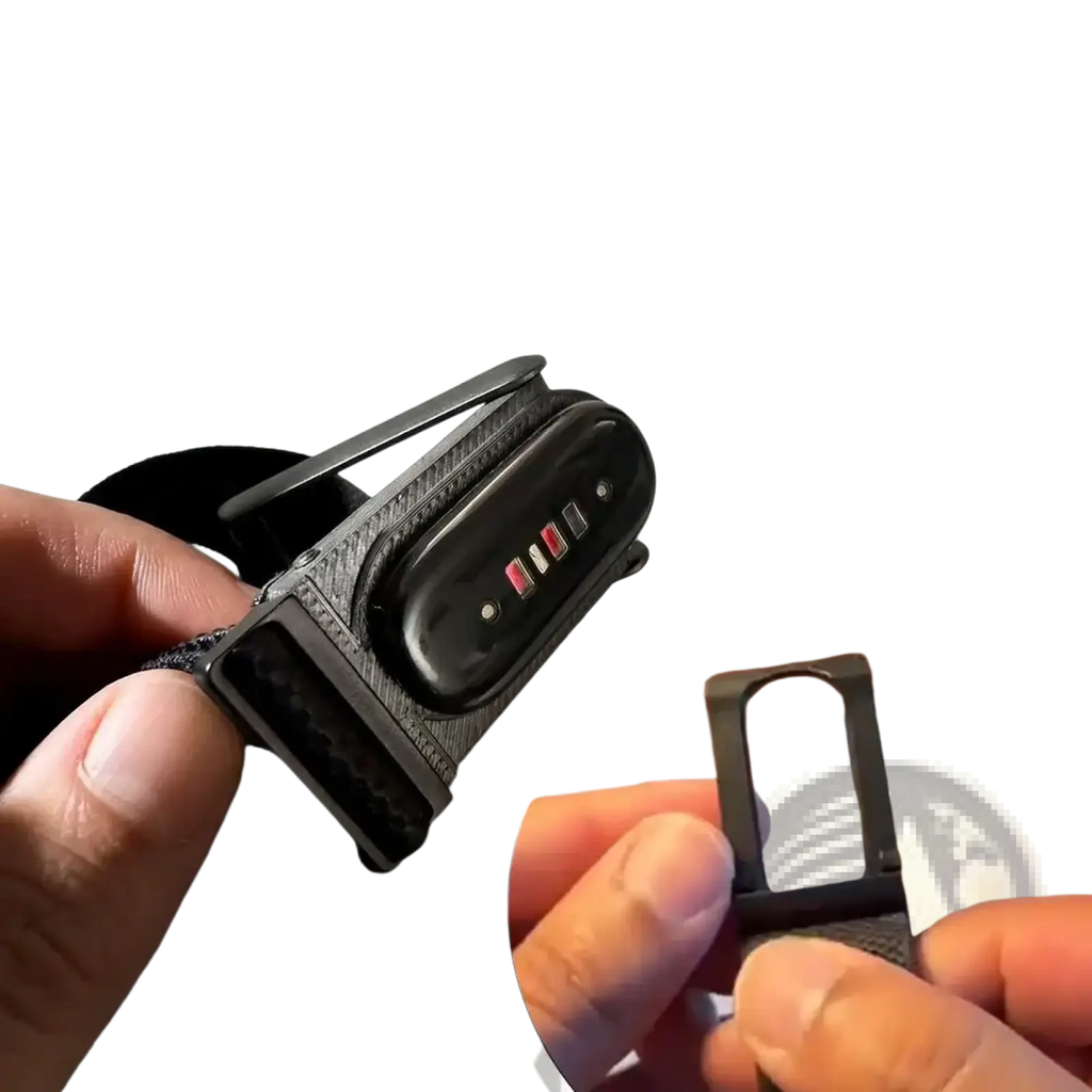 Black textured strap with sleek minimalist design and metallic clasp for fitbit air and whoop 5.0 dual tracker mount
