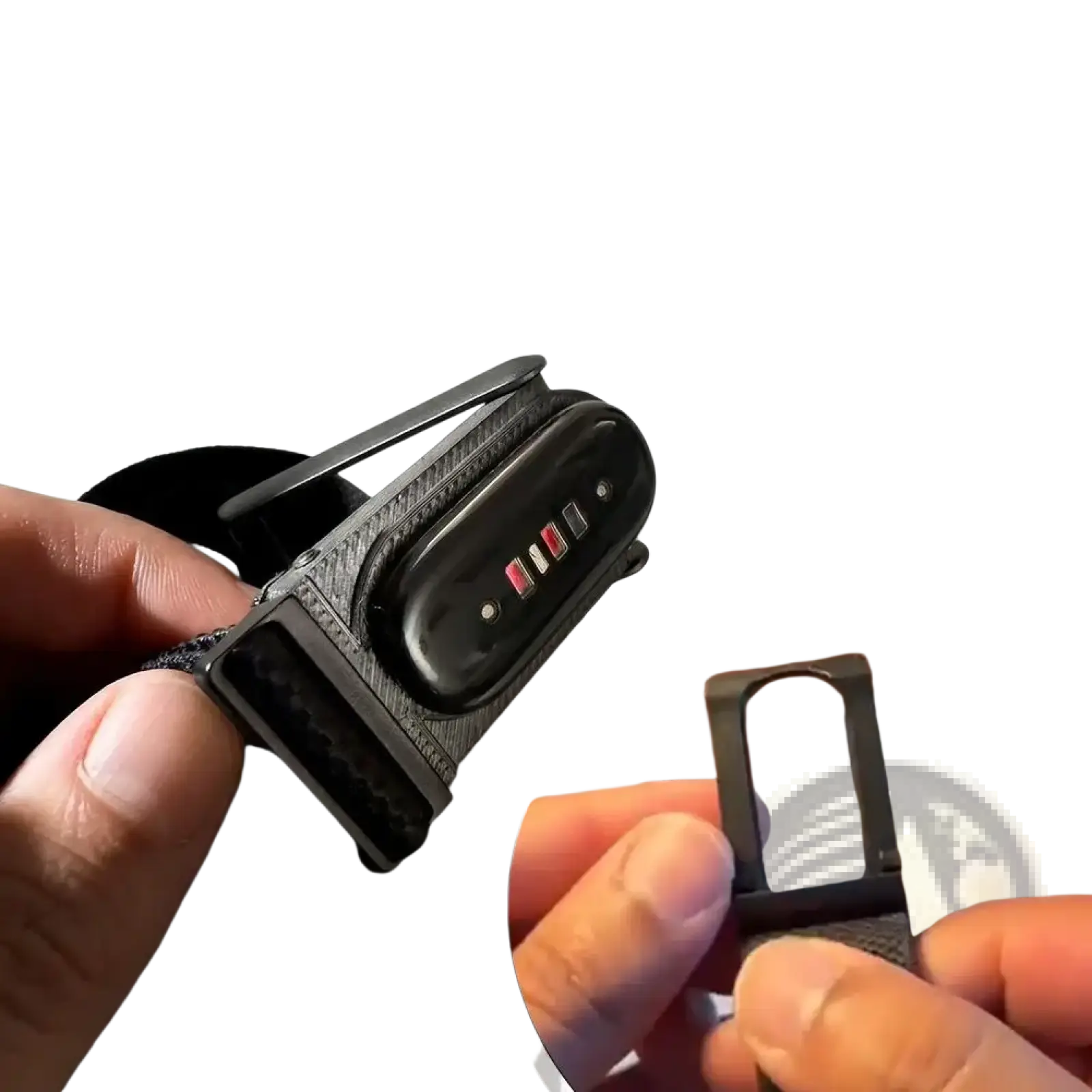 Black textured strap with sleek minimalist design and metallic clasp for fitbit air and whoop 5.0 dual tracker mount