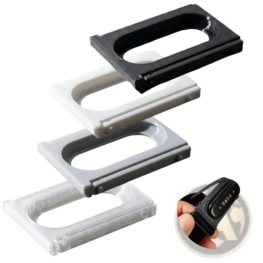 Black white and gray plastic rectangular holders with central oval cutout for fitbit air and whoop 5.0 dual tracker mount