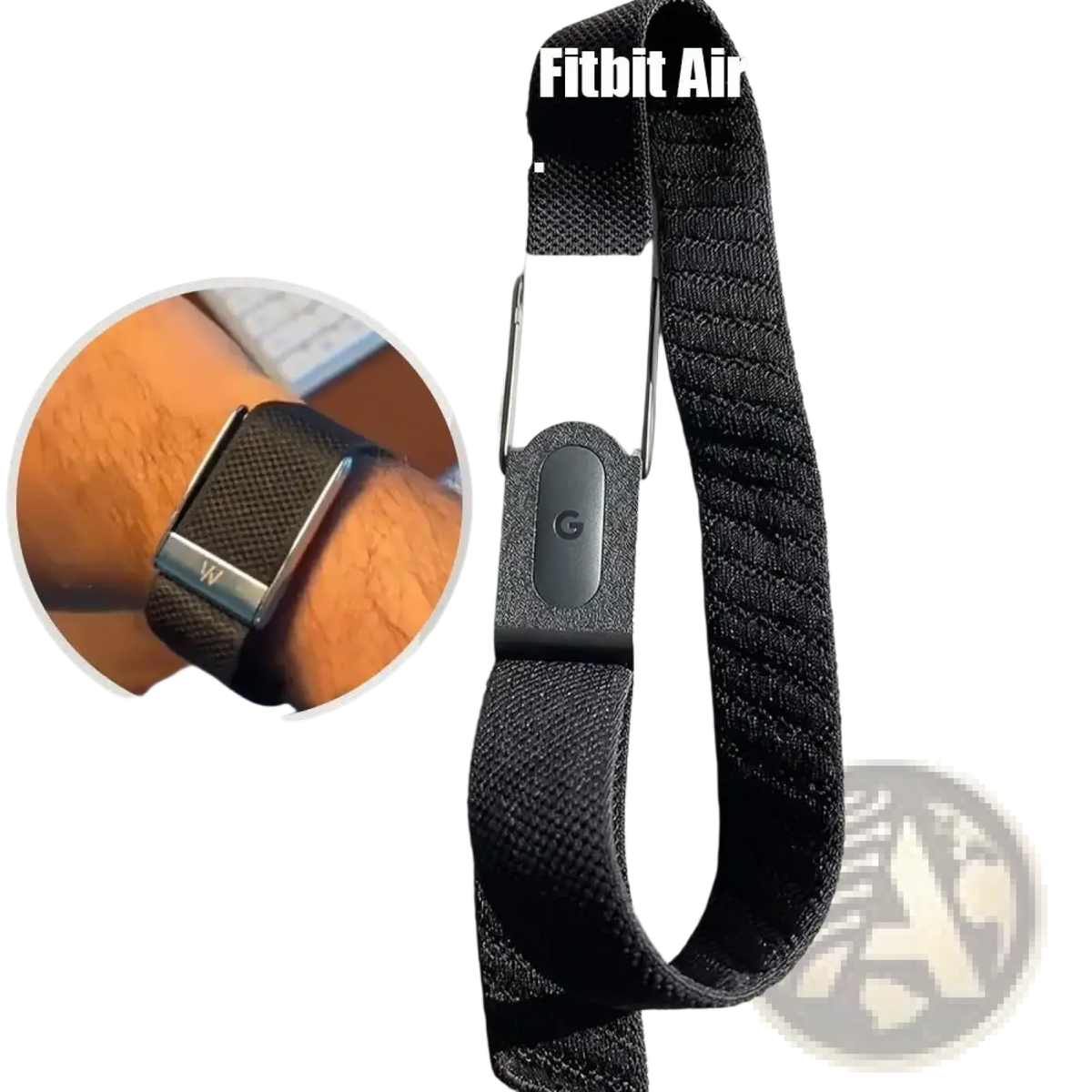 Black woven fabric strap with metallic clasp and whoop 5.0 logo for fitbit air and whoop 5.0 dual tracker mount