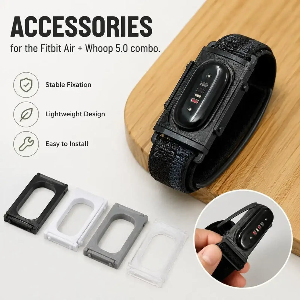 Black woven strap with sleek rectangular sensor module for fitbit air and whoop 5.0 dual tracker mount