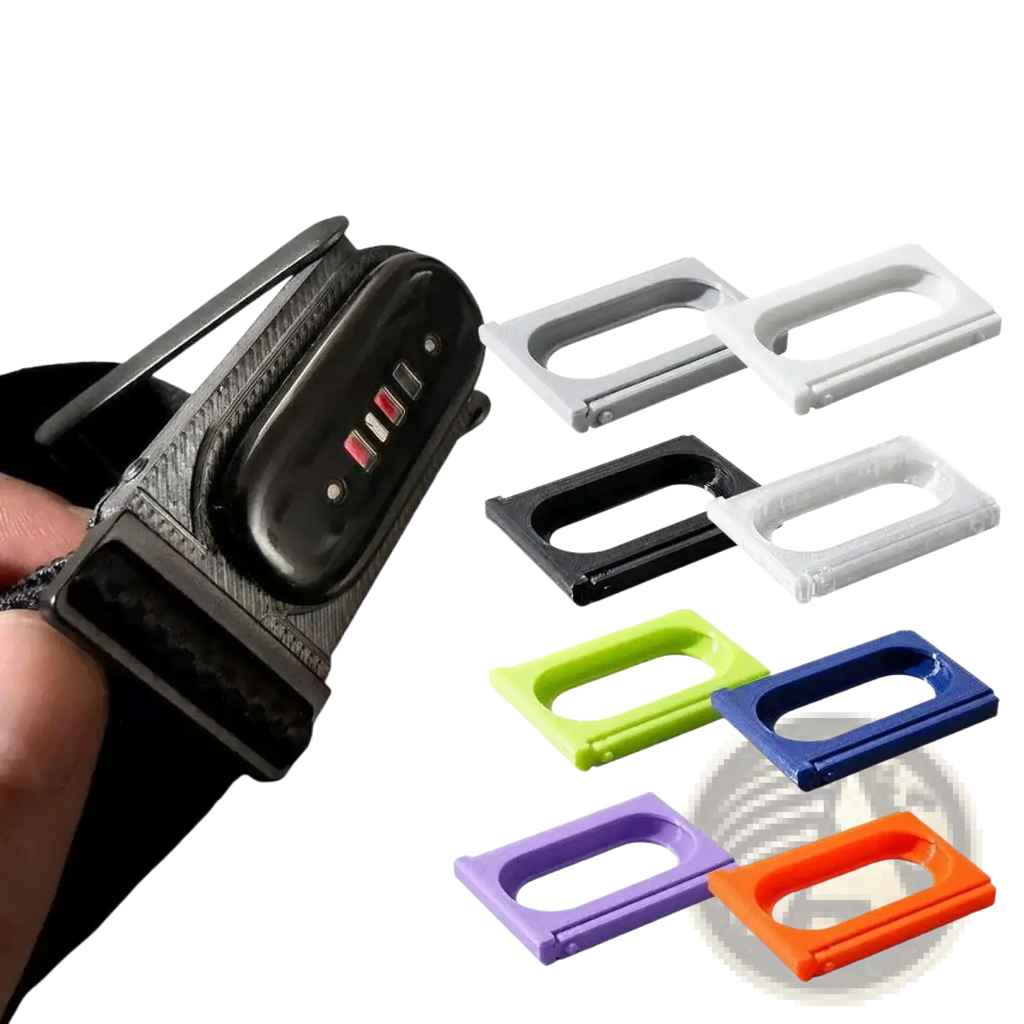 Black carbon fiber clip for Fitbit Air and Whoop 5.0 with colorful plastic mounts for fitness tracker modification adapter
