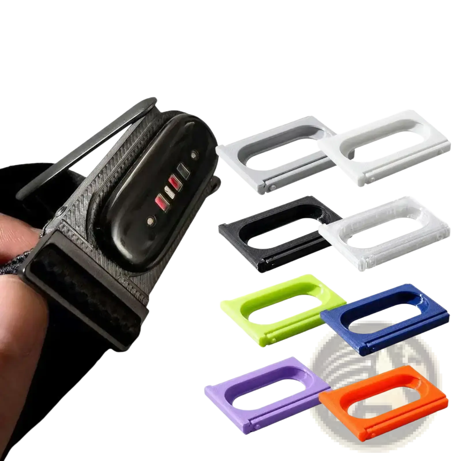 Black carbon fiber clip for Fitbit Air and Whoop 5.0 with colorful plastic mounts for fitness tracker modification adapter