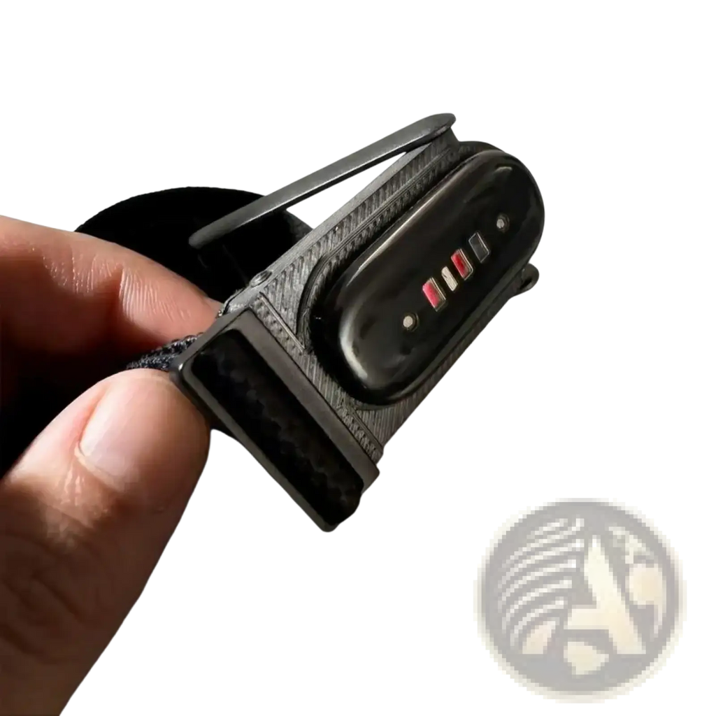 Black carbon fiber Fitbit Air and Whoop 5.0 modification adapter with sleek textured strap and red led indicators