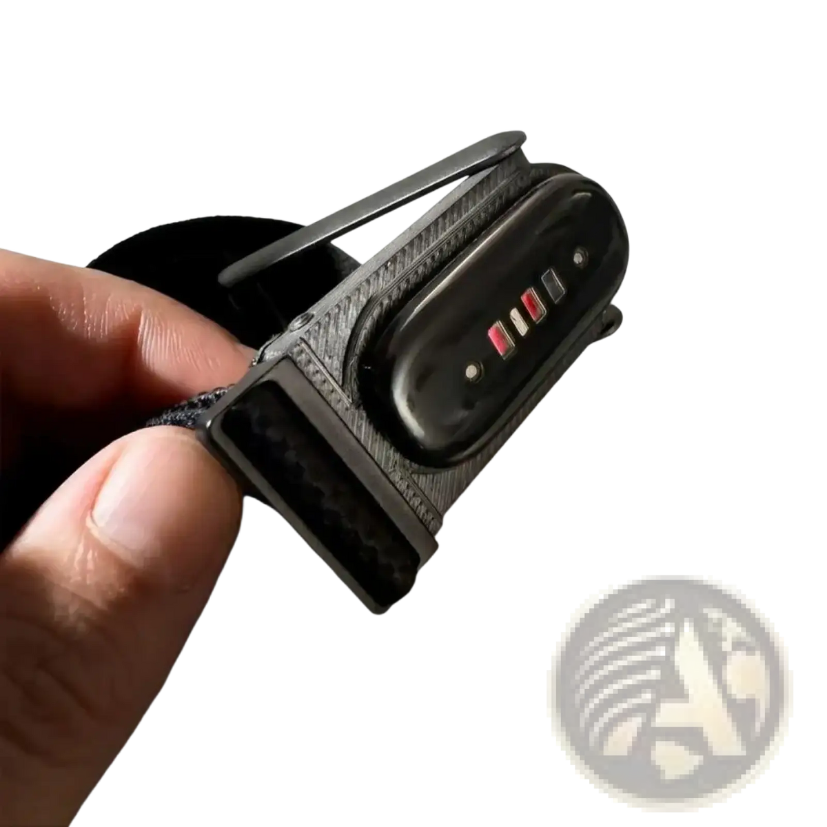 Black carbon fiber Fitbit Air and Whoop 5.0 modification adapter with sleek textured strap and red led indicators