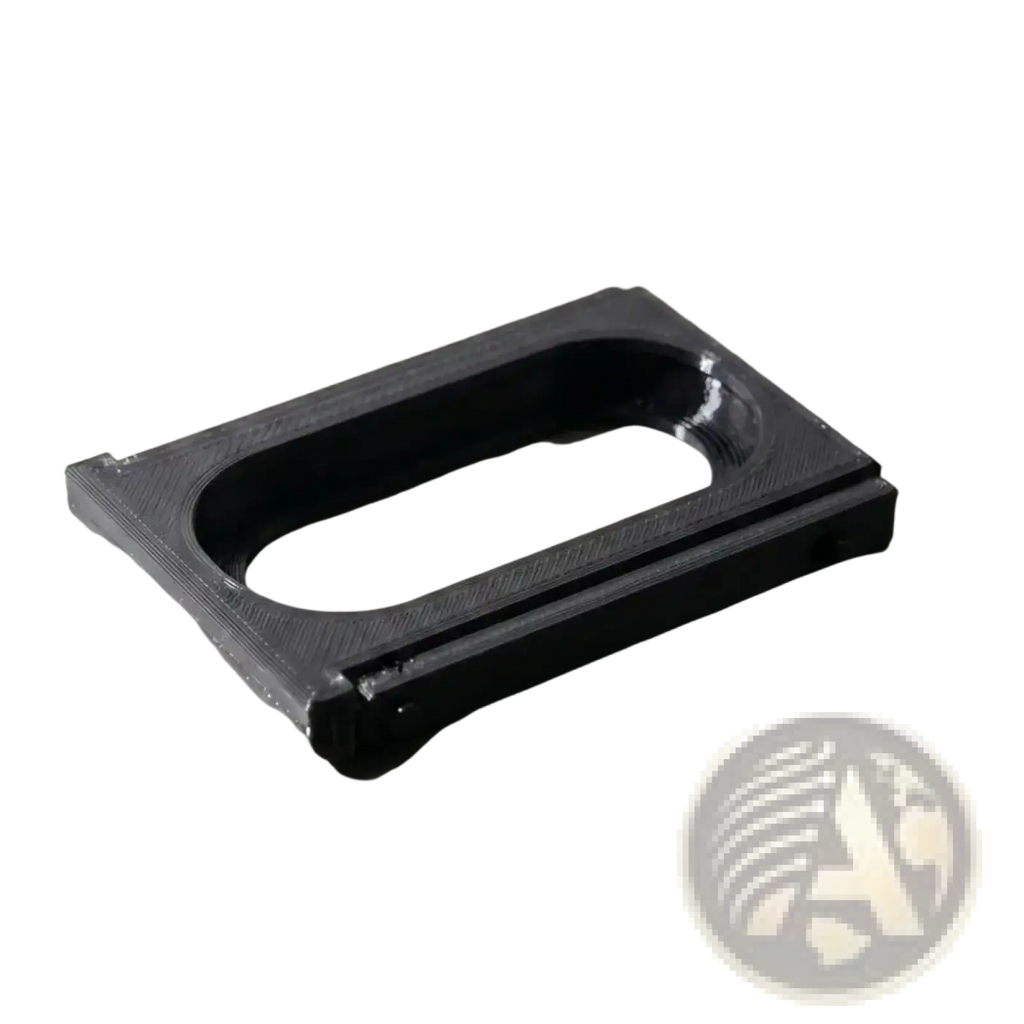 Black rectangular 3d-printed phone stand adapter for Fitbit Air and Whoop 5.0 with central oval cutout and visible layer lines