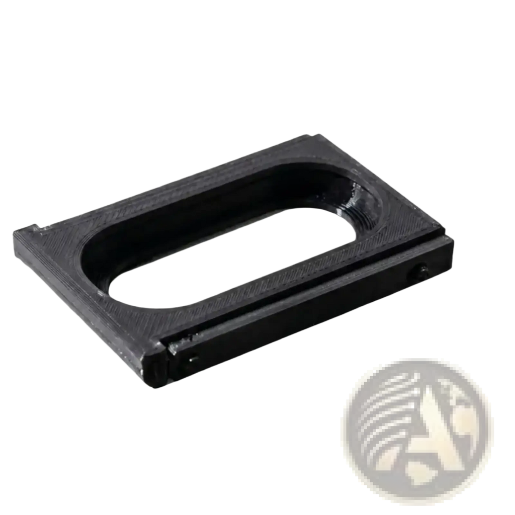 Black rectangular 3d-printed plastic mount with central oval cutout for fitbit air and whoop 5.0 modification adapter