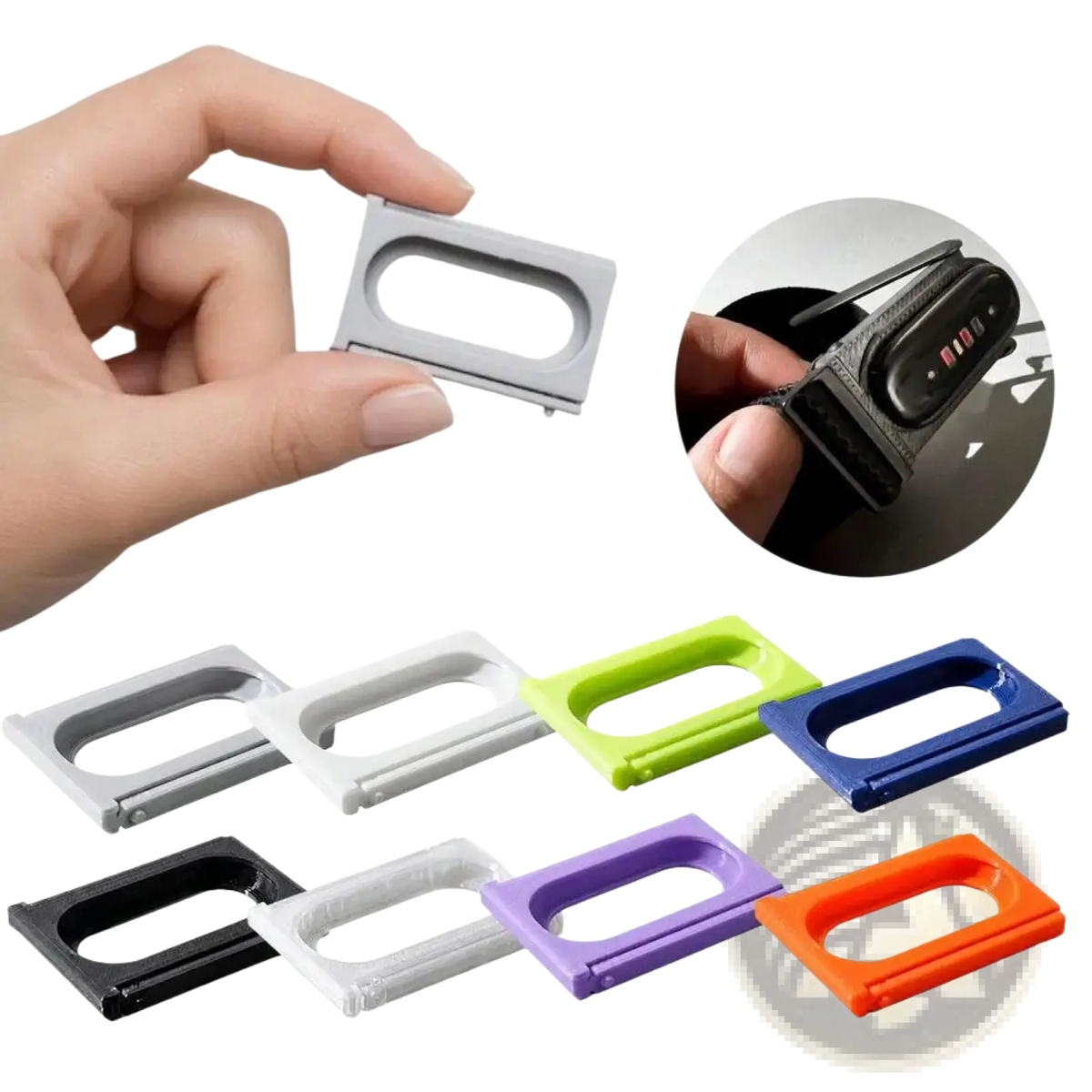 Silver rectangular metallic clip with oval cutout for fitbit air and whoop 5.0 fitness tracker modification adapter