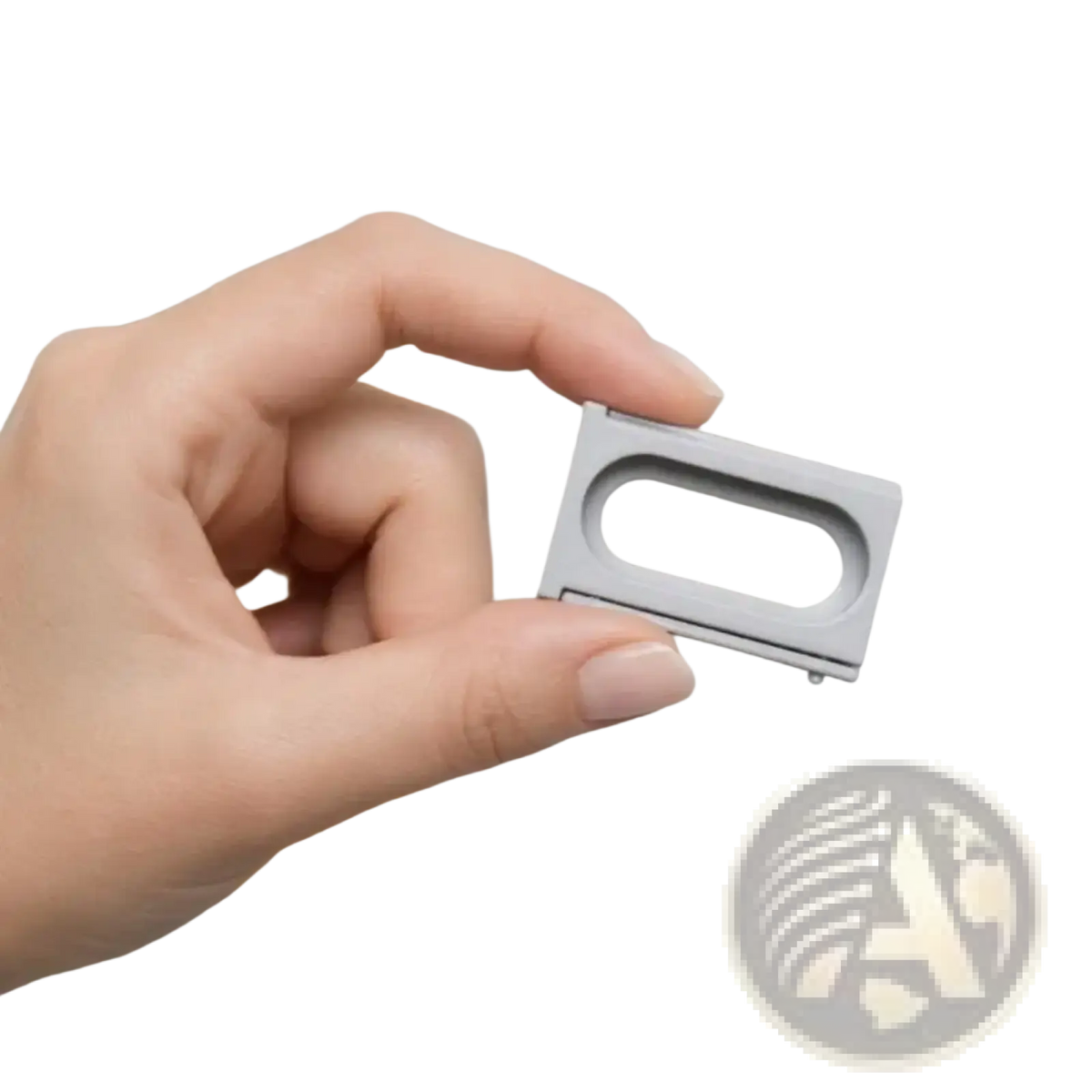 Silver rectangular magnetic clip with central oval cutout and smooth minimalist design for Fitbit Air and Whoop 5.0 adapter